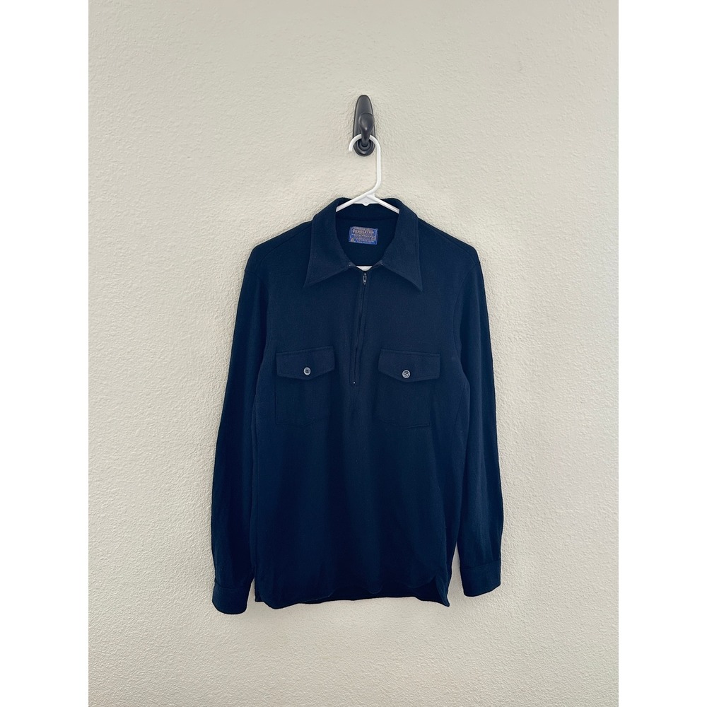 Pendleton Navy 100% Virgin Wool 1/4 Zip Pullover Sweater Vintage Pocket Shirt MD